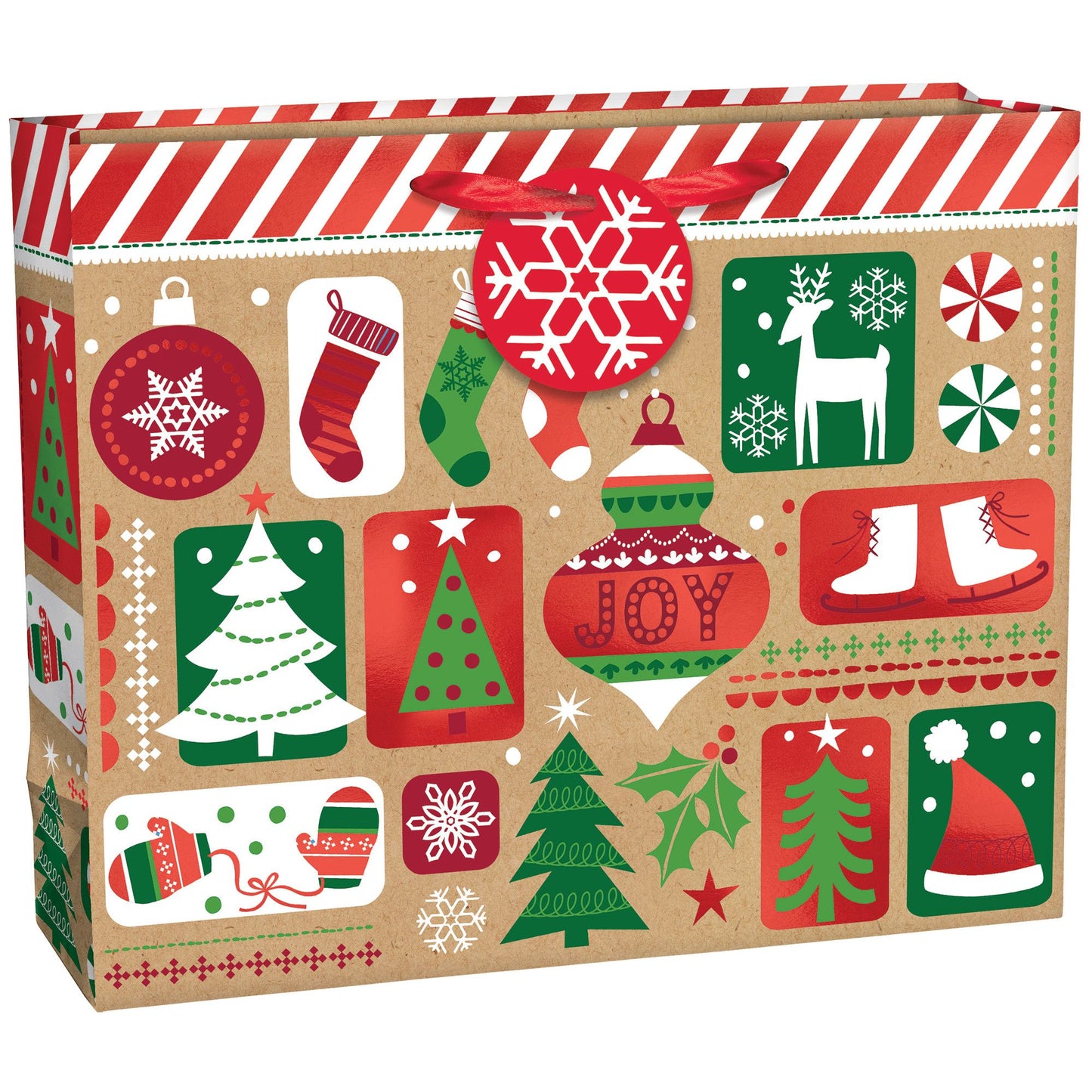 Extra large kraft paper gift bag with red, green, and white Christmas icons and candy cane striped top edge.