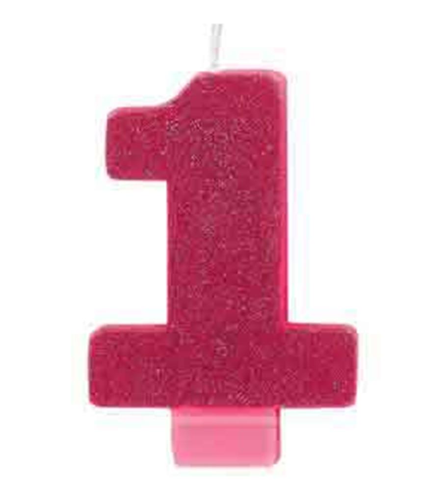 Pink glitter number 1 birthday candle with wick and base for cake decoration.
