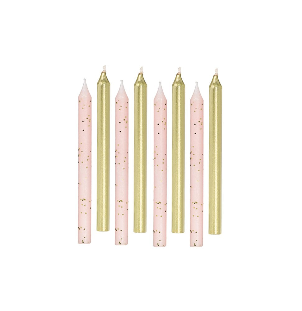 Six tapered candles alternating between pink glitter and smooth metallic gold finishes.