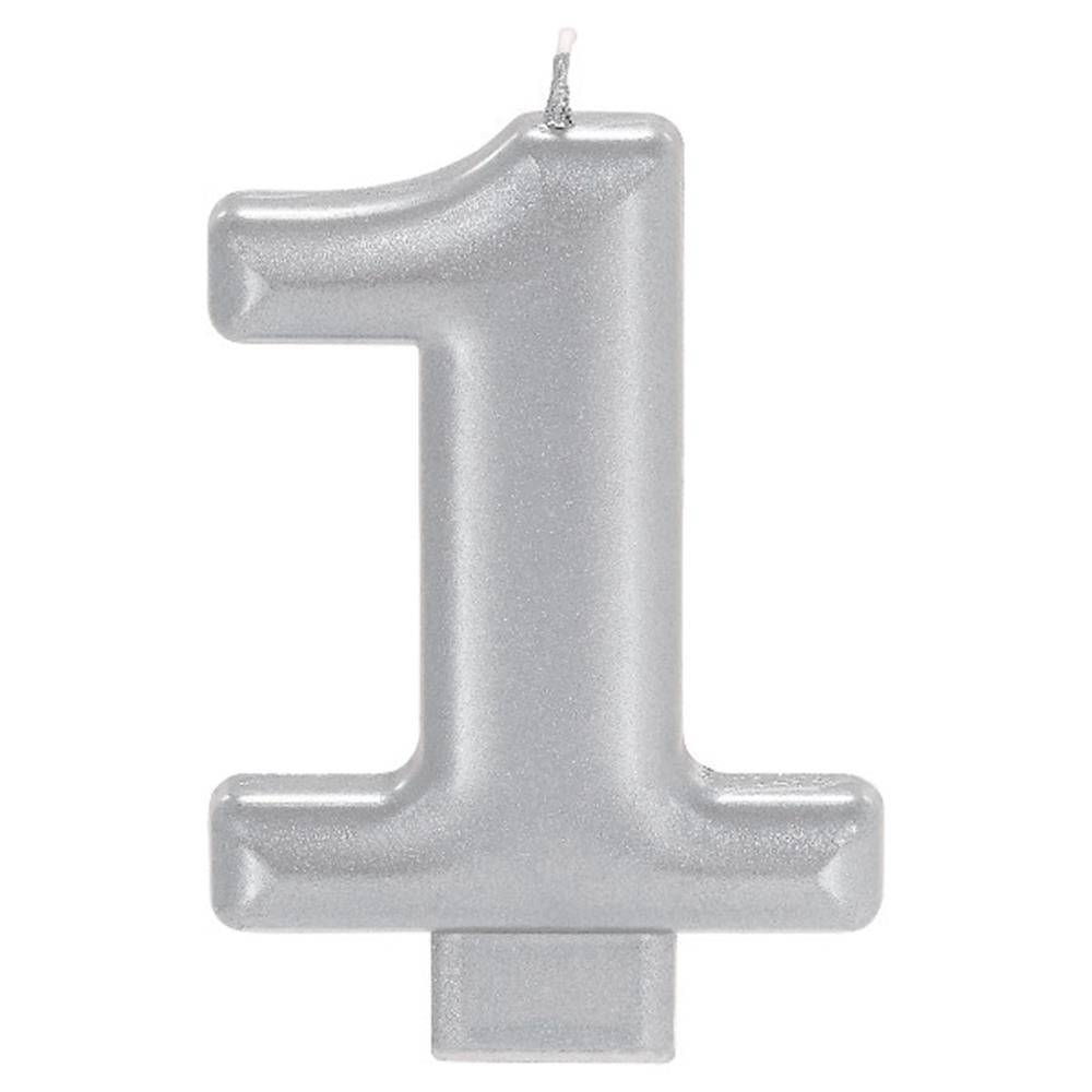 Silver numeral 1 candle with a smooth, shiny finish and wick on top.
