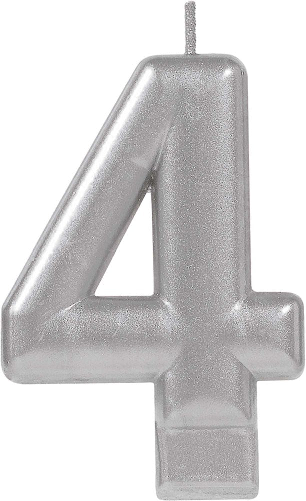Silver glitter numeral 4 birthday candle with wick on top.