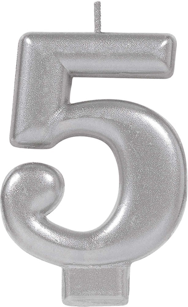 Silver numeral five candle with glittery finish and wick on top.