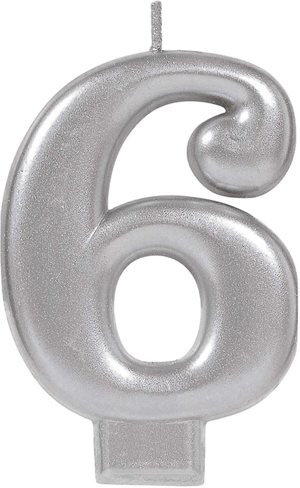 Silver metallic numeral 6 candle with a wick and flat base for standing on cakes.