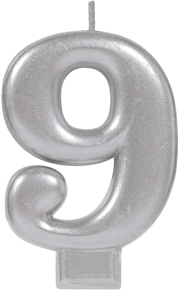 Silver glittery numeral 9 birthday candle with a wick on top and a plastic base.