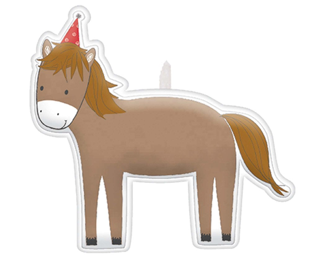 Brown horse birthday candle with red party hat and white wick.