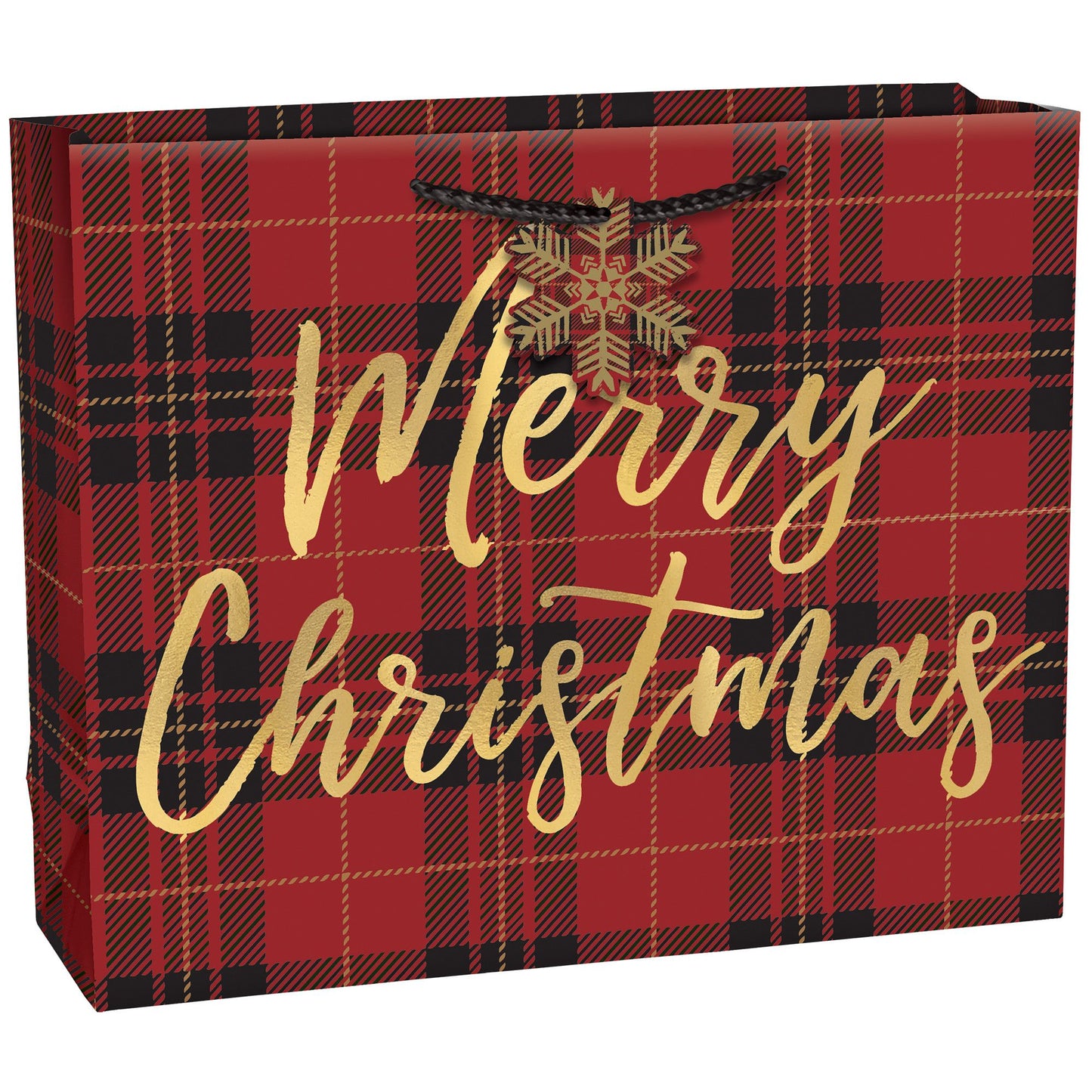Extra large horizontal gift bag with red and black plaid pattern and gold "Merry Christmas" text with snowflake design.