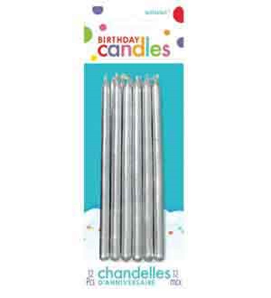 Pack of 12 five-inch silver taper birthday candles with white wick in clear plastic packaging.