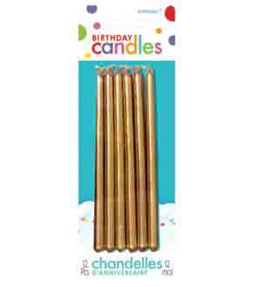 Set of 12 slim gold mini taper birthday candles in clear packaging with colorful confetti design on the label.
