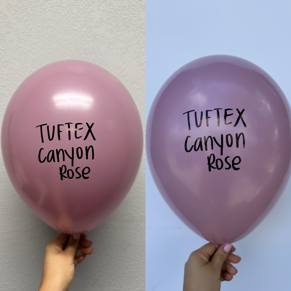 Two 17-inch latex balloons, one dusty rose and one muted mauve, each with Tuftex Canyon Rose branding.