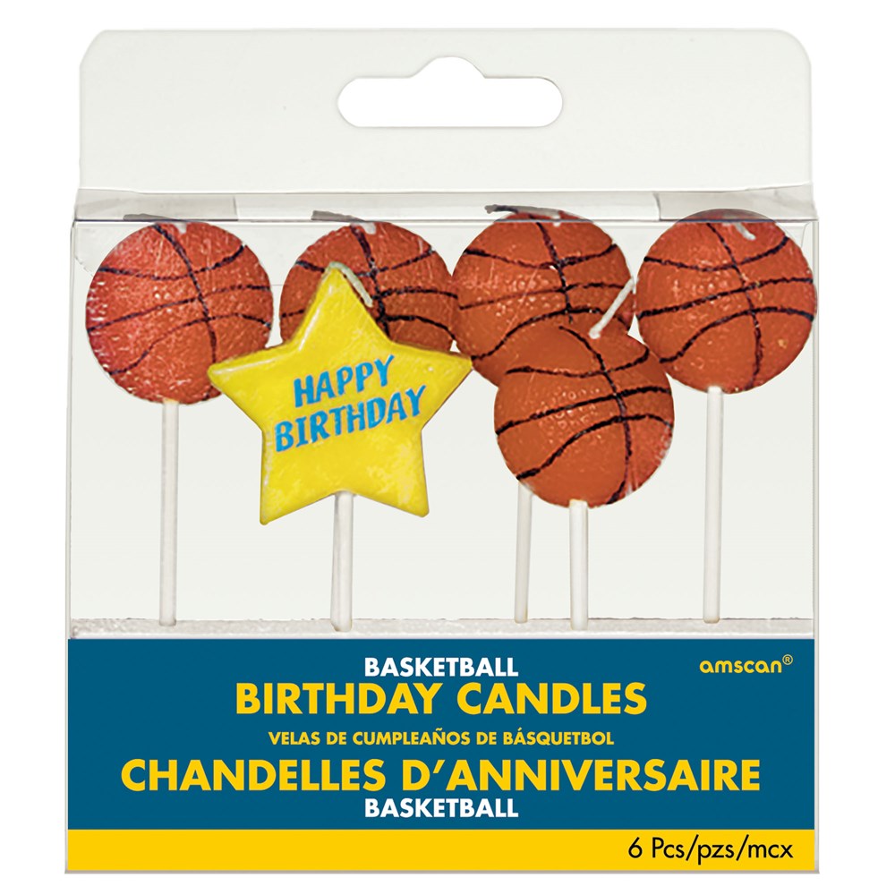 Set of six birthday candles including five basketball-shaped candles and one yellow star-shaped candle with "Happy Birthday"