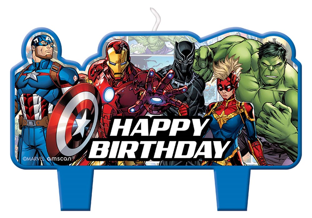 Birthday candles shaped like Marvel Avengers characters Captain America, Iron Man, Black Panther, Captain Marvel, and Hulk.