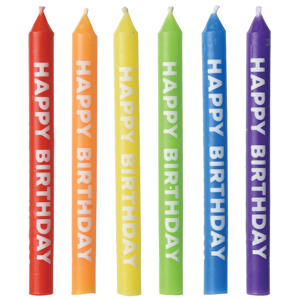 Set of six tall birthday candles in rainbow colors, each with white "HAPPY BIRTHDAY" text vertically printed.