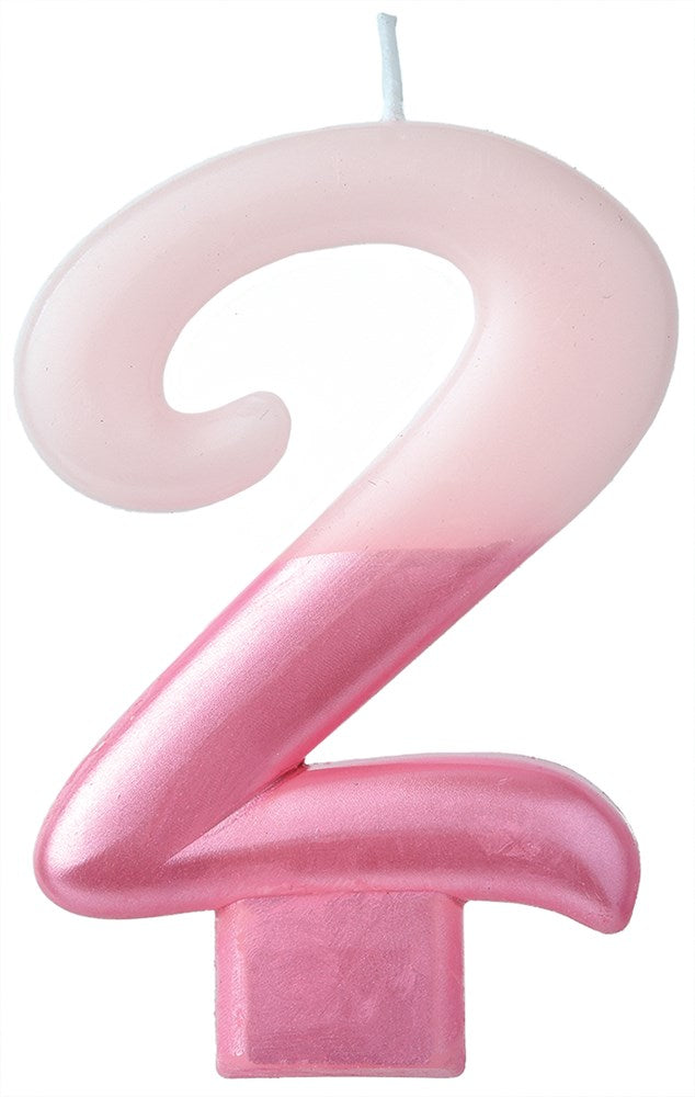 Pink numeral 2 candle with a gradient from light to darker pink, curved top and flat base.