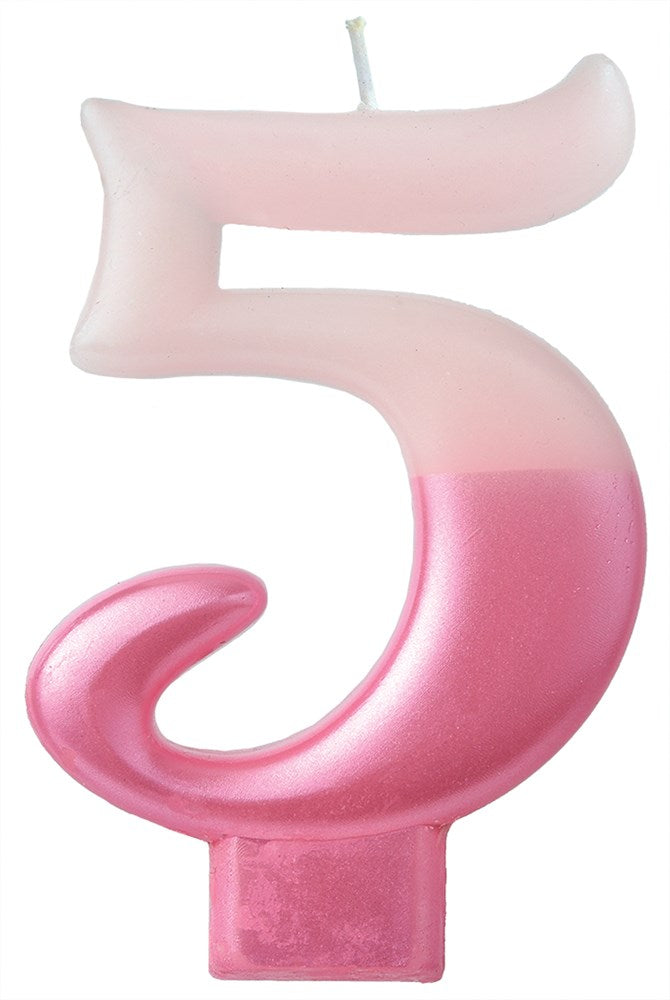 Pink gradient number 5 birthday candle with a curled base and wick on top.