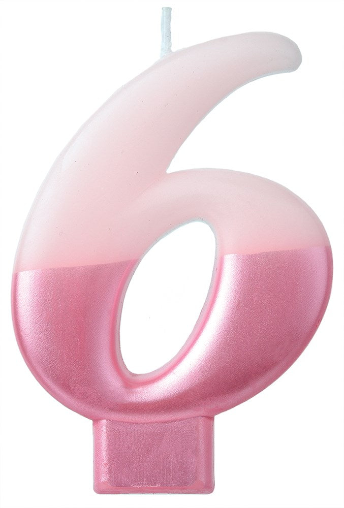 Pink number 6 candle with a smooth gradient from light pink to metallic pink and a white wick on top.