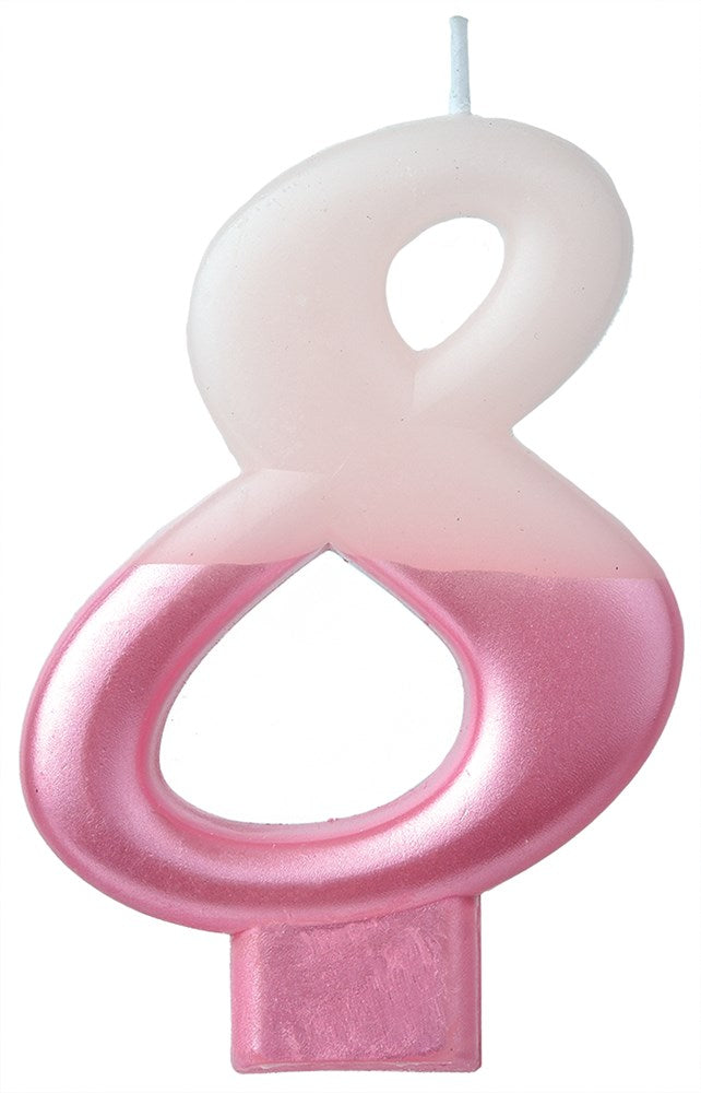 Pink gradient numeral 8 birthday candle with a wick on top and flat base for cake insertion.