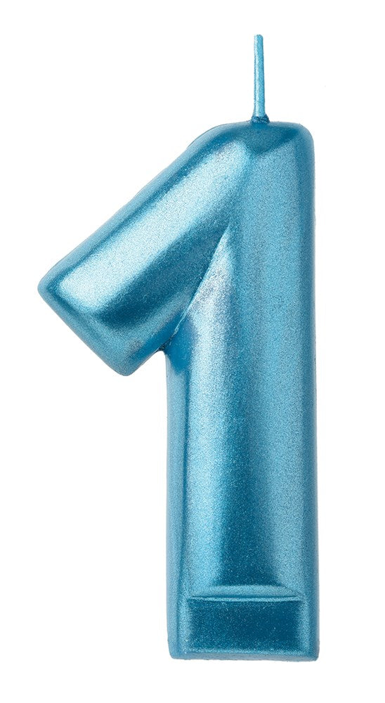 Blue metallic number 1 birthday candle with a wick on top.