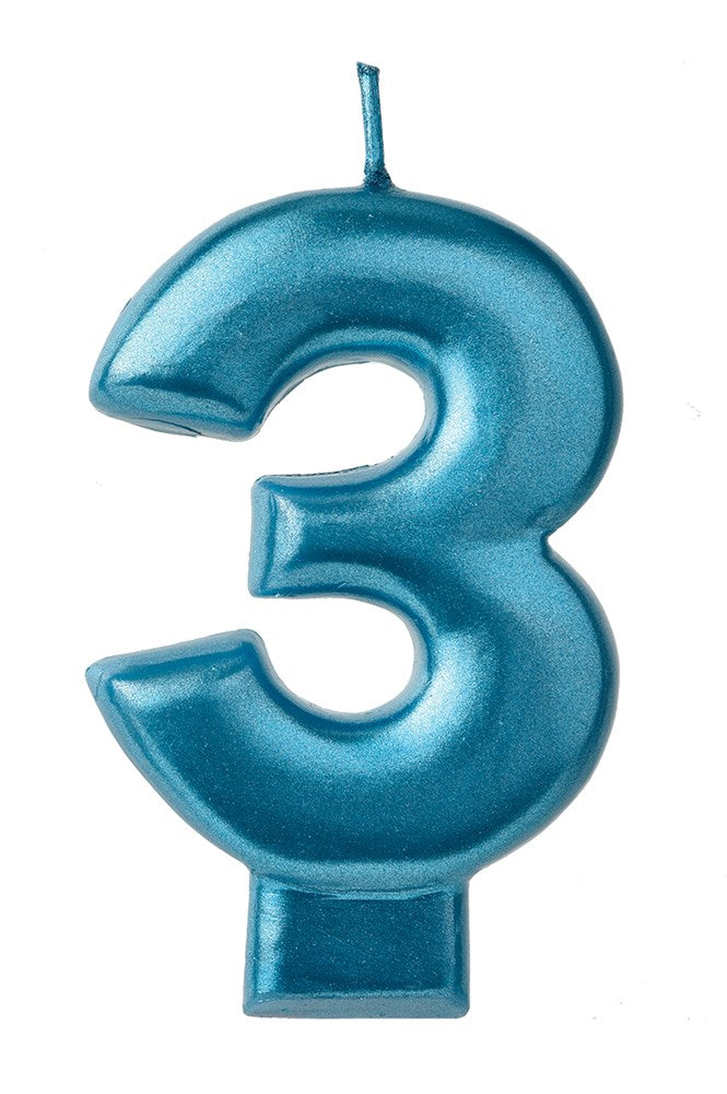 Blue metallic numeral 3 birthday candle with a wick on top and rectangular base.
