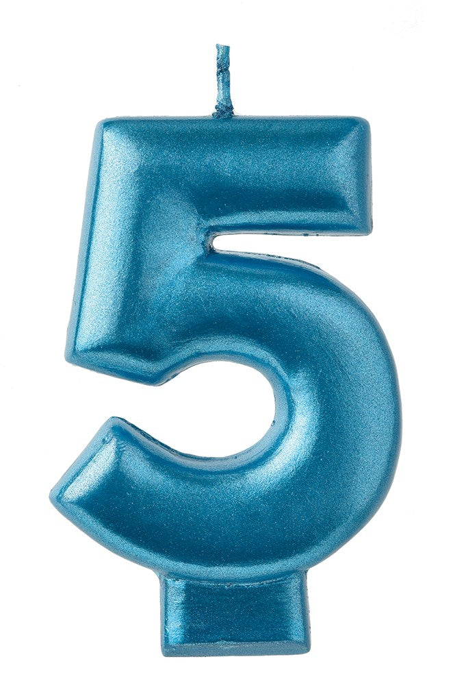 Blue metallic number 5 birthday candle with a wick on top and flat base.