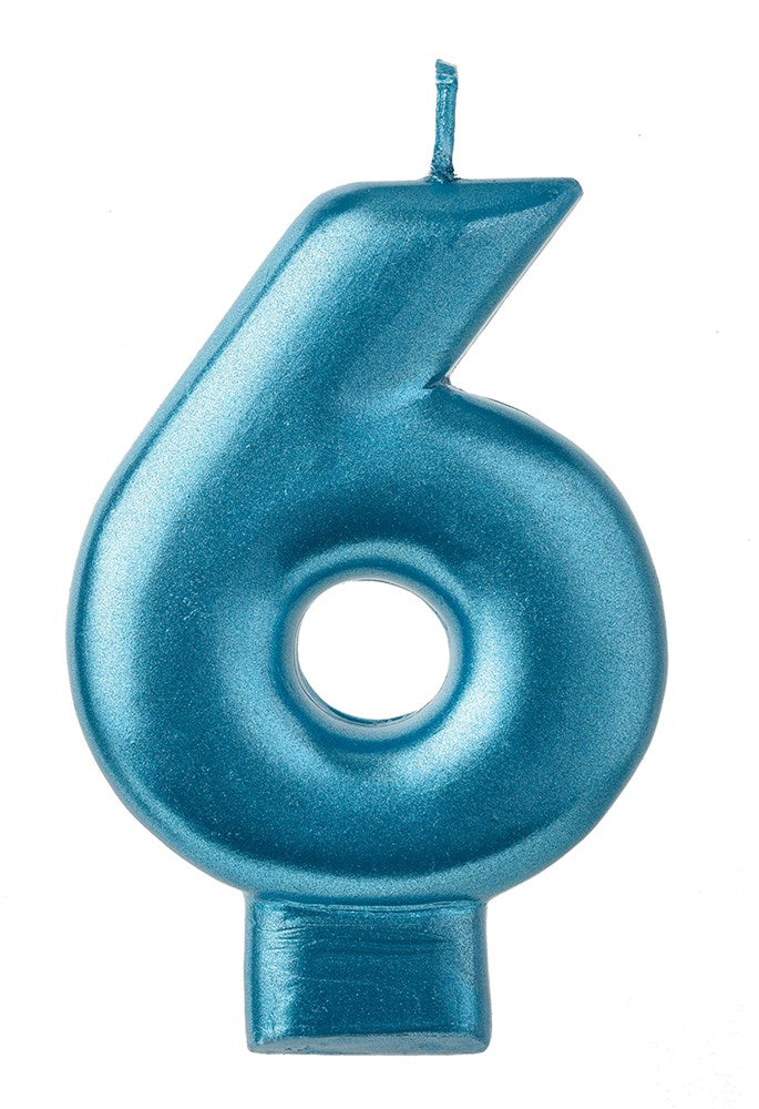 Blue numeral 6 candle with a wick on top, shiny smooth surface, solid wax material.