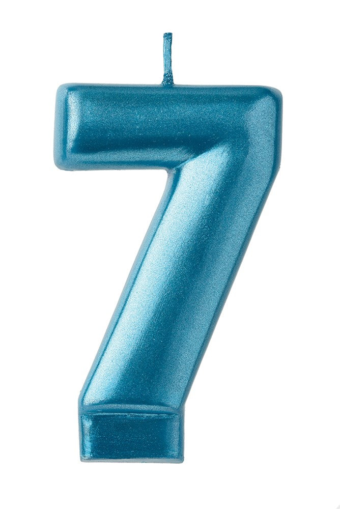 Shiny blue numeral 7 birthday candle with a short wick on top.