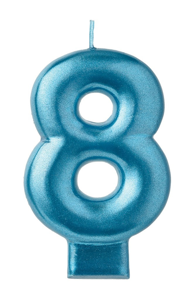 Blue metallic numeral 8 birthday candle with wick and flat base.