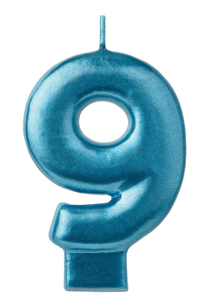 Blue metallic numeral 9 birthday candle with wick on top, smooth glossy finish.