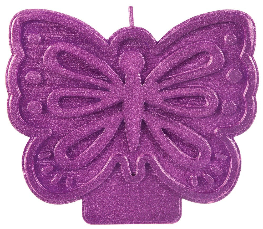 Purple butterfly-shaped candle with detailed wing patterns and a centered wick.