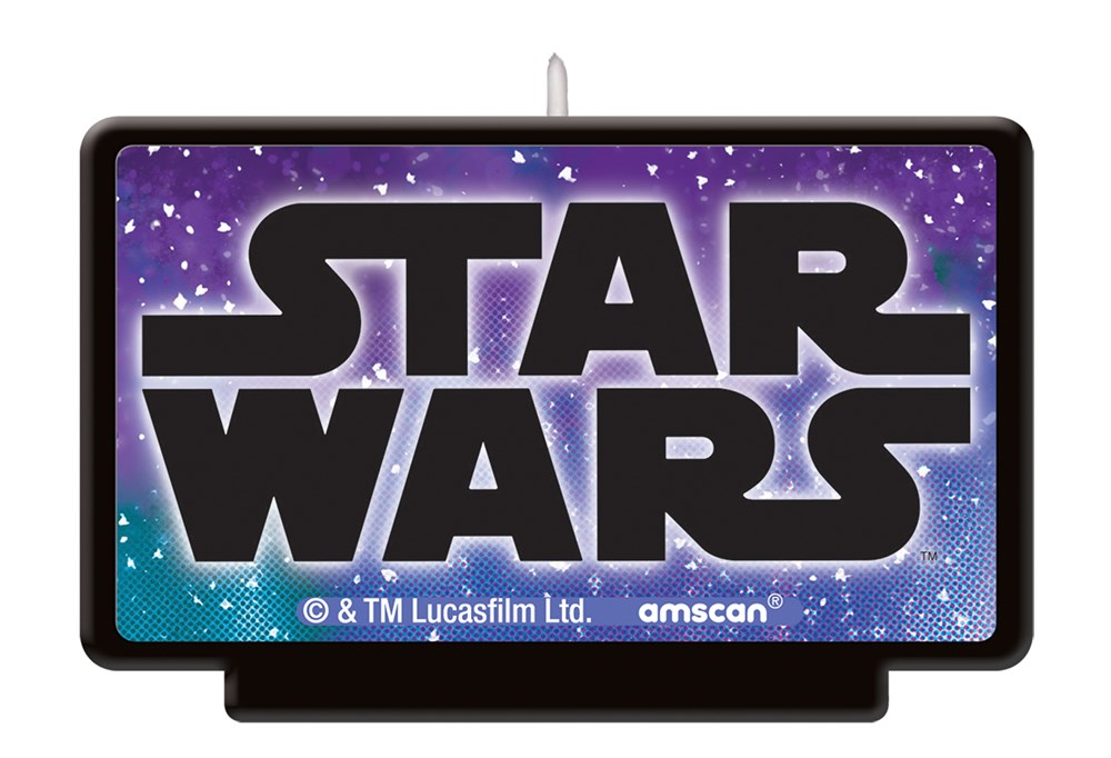 Rectangular birthday candle with black border and large "Star Wars" logo in black letters on a purple starry background.