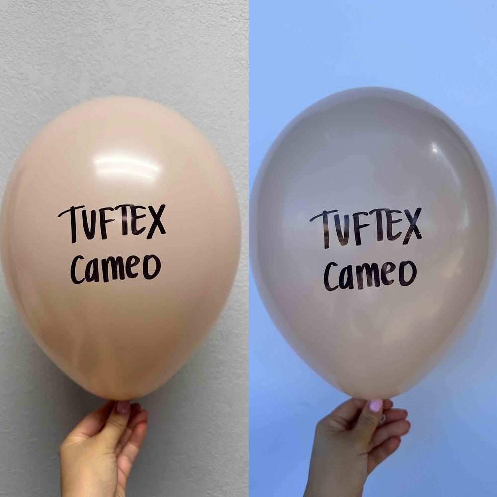 Two 17-inch latex balloons, one blush pink and one light gray, each with "Tuftex Cameo" printed in black text.