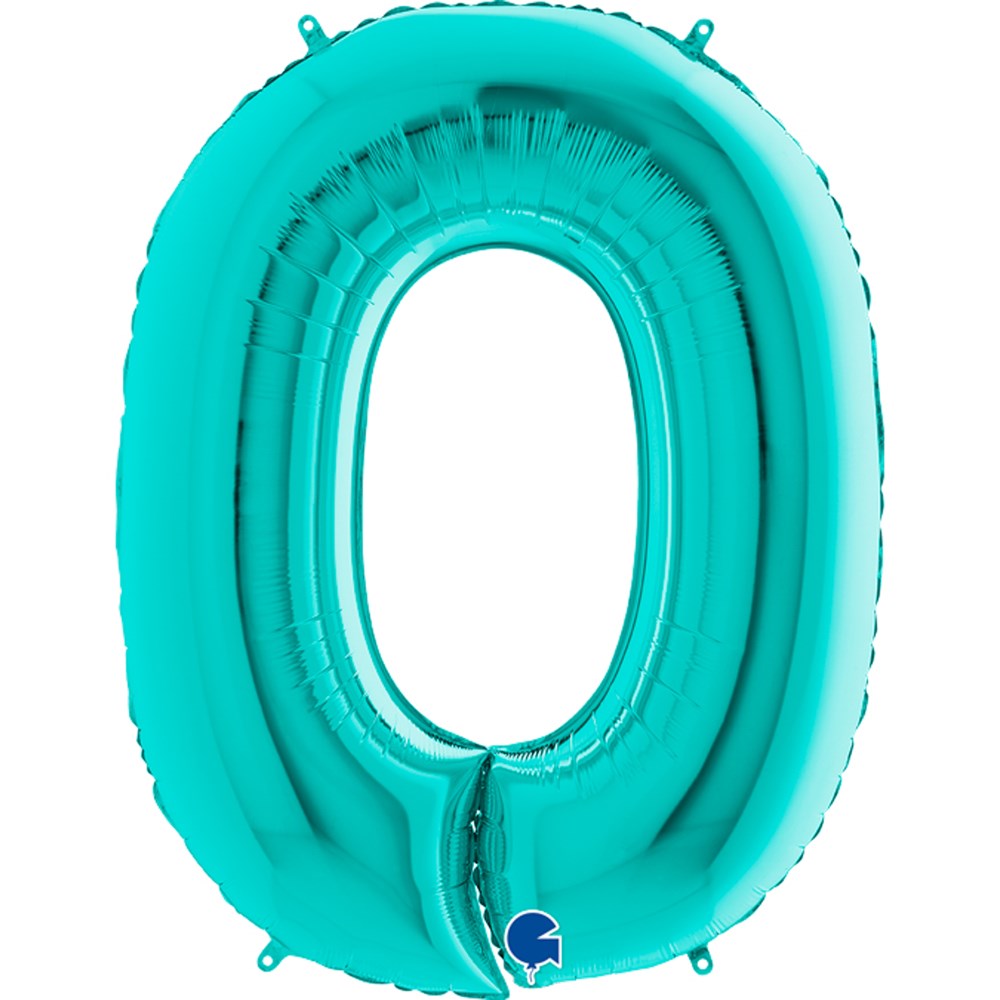 Tiffany blue jumbo foil balloon shaped as the number zero with a shiny metallic finish.