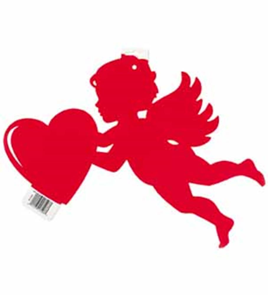 Red cupid silhouette holding a large heart cutout in bright red plastic.