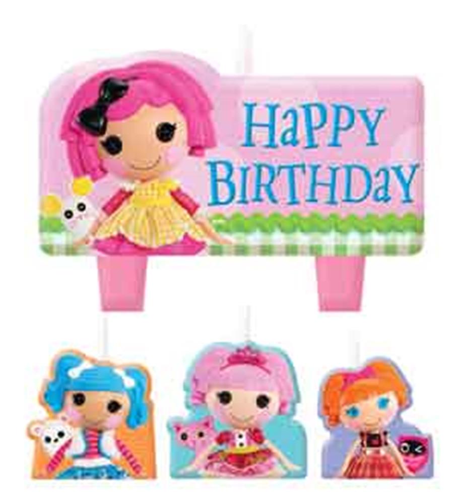 Lalaloopsy cake candle set with pink rectangular "Happy Birthday" candle and three small character candles with colorful.