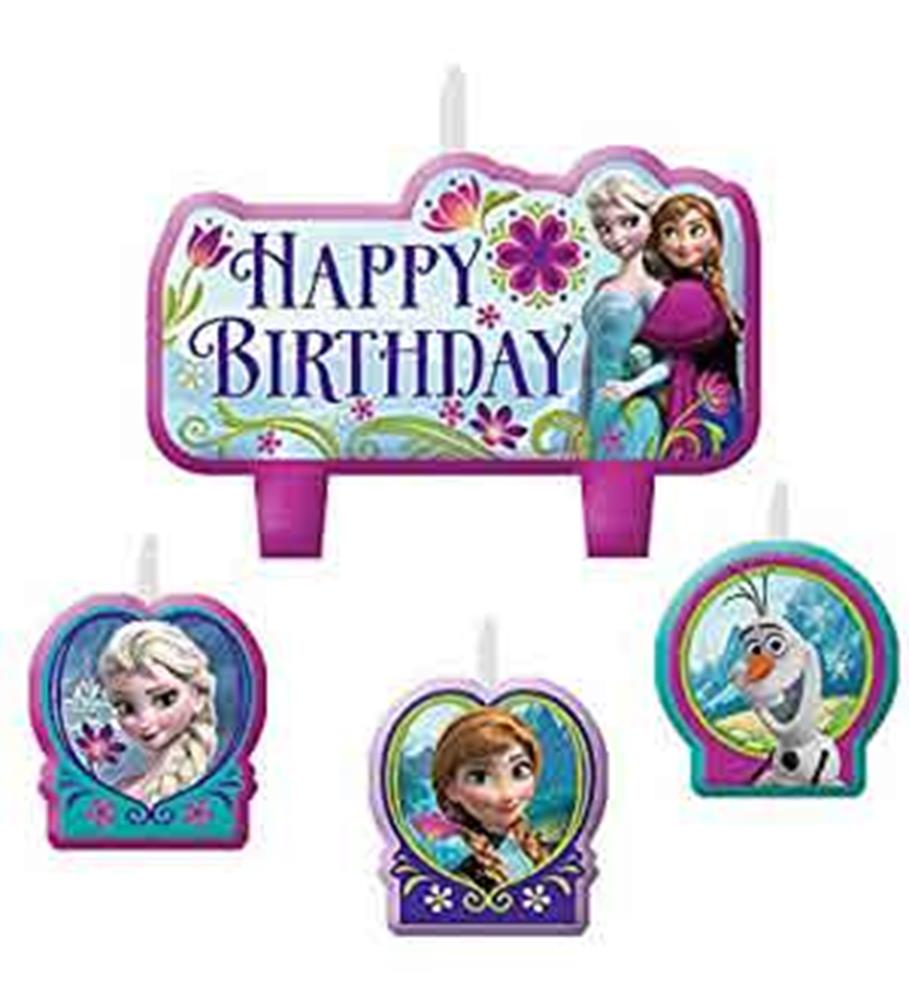 Disney Frozen candle set with a rectangular "Happy Birthday" candle and three character-shaped candles featuring Elsa, Anna, .