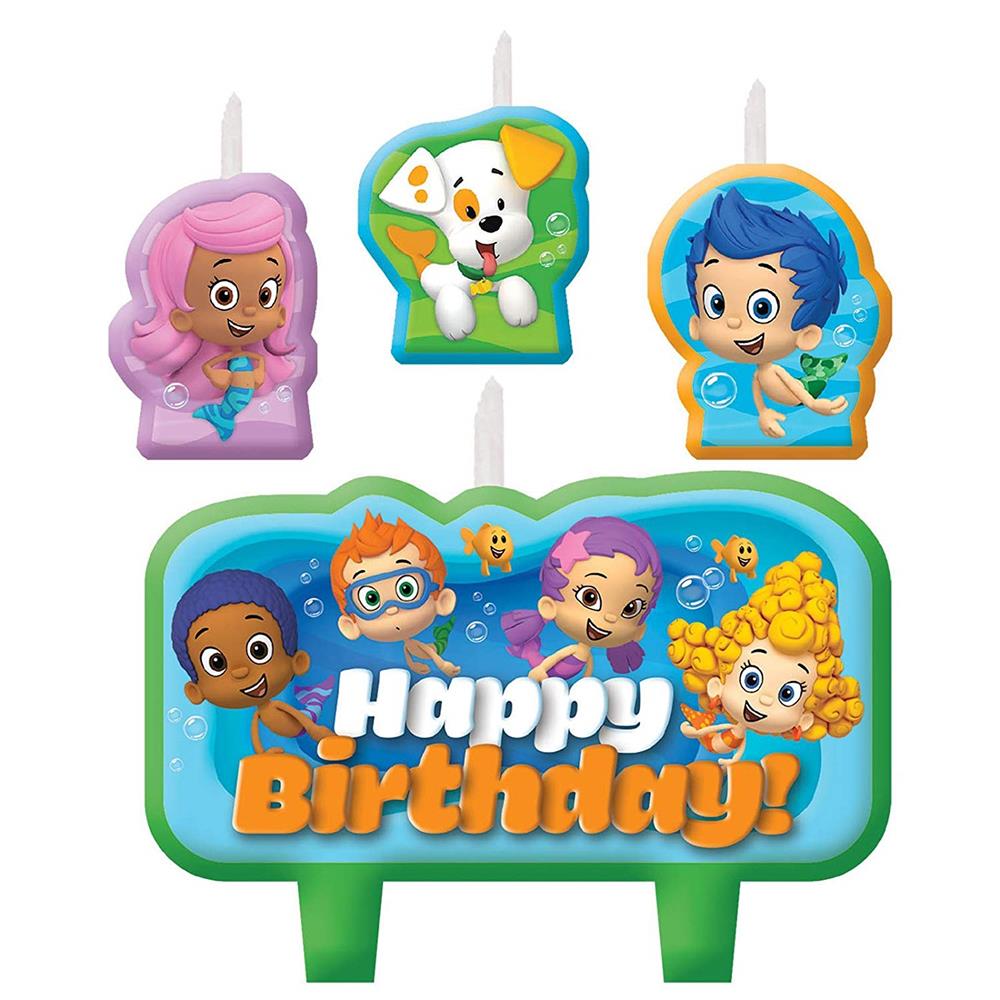 Bubble Guppies cake candles with three character shapes and a colorful Happy Birthday plaque candle.