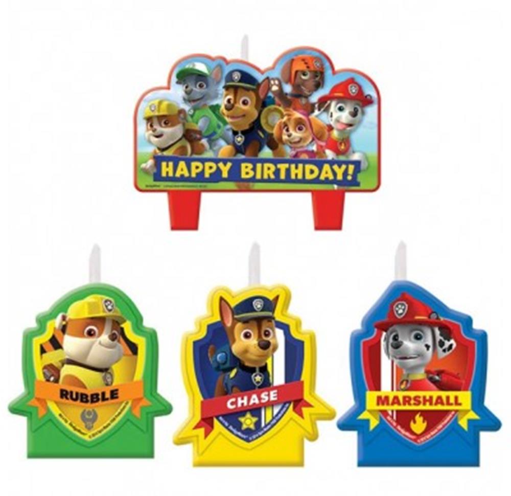 Paw Patrol birthday candles featuring Rubble, Chase, Marshall, and a group candle with Happy Birthday text.