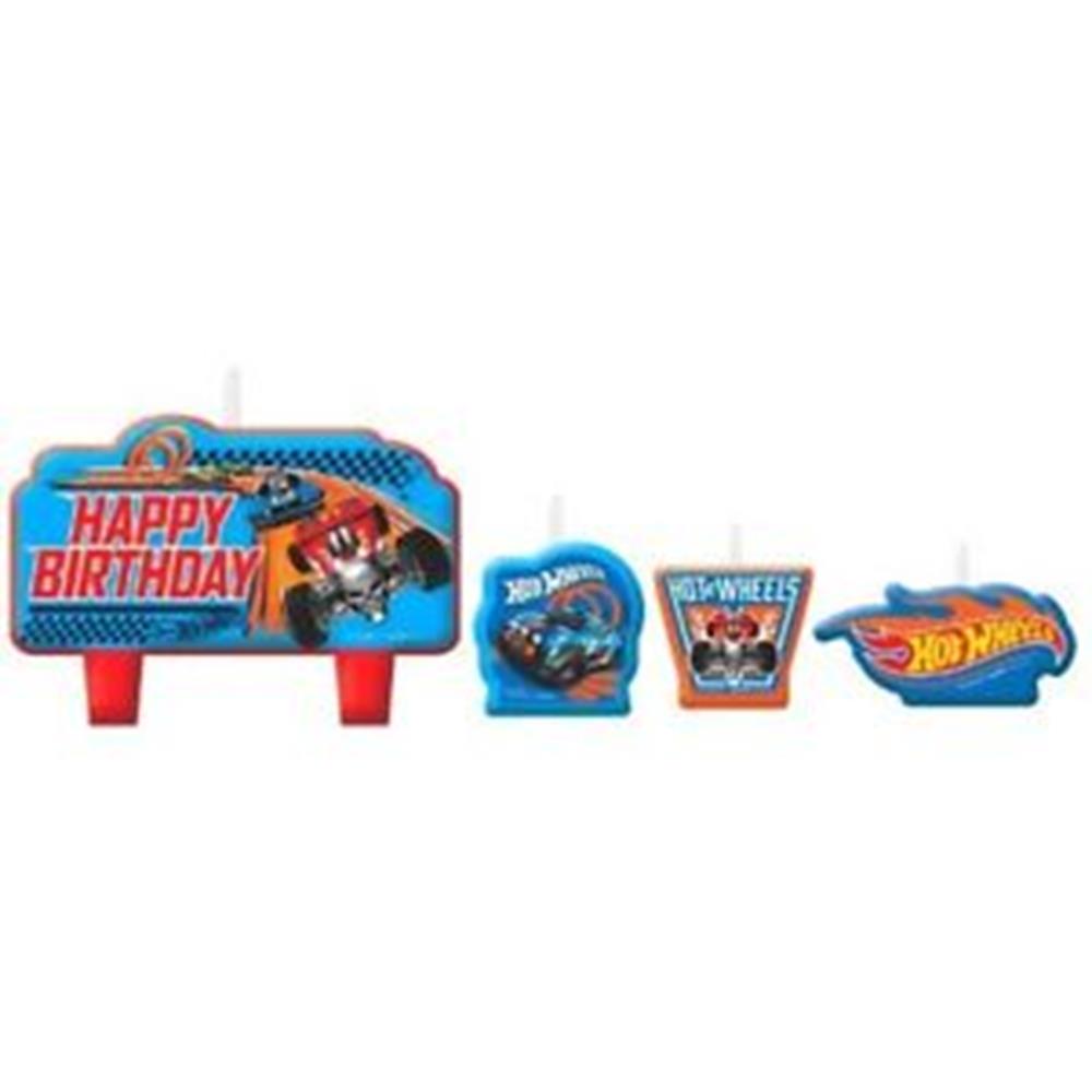 Set of four Hot Wheels birthday candles featuring a race car, flame, logo, and "Happy Birthday" sign designs in blue and red.