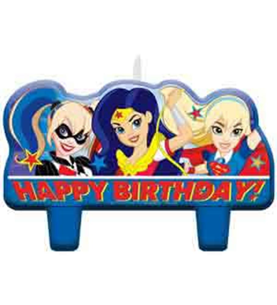 Birthday candle featuring Harley Quinn, Wonder Woman, and Supergirl with "Happy Birthday!" text in blue and red.