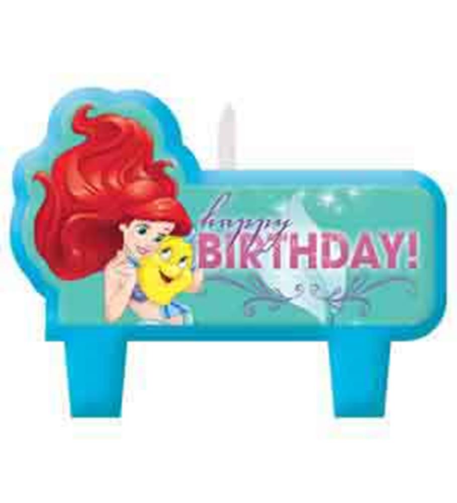 Disney Ariel birthday candle with Ariel and Flounder design in blue holder.