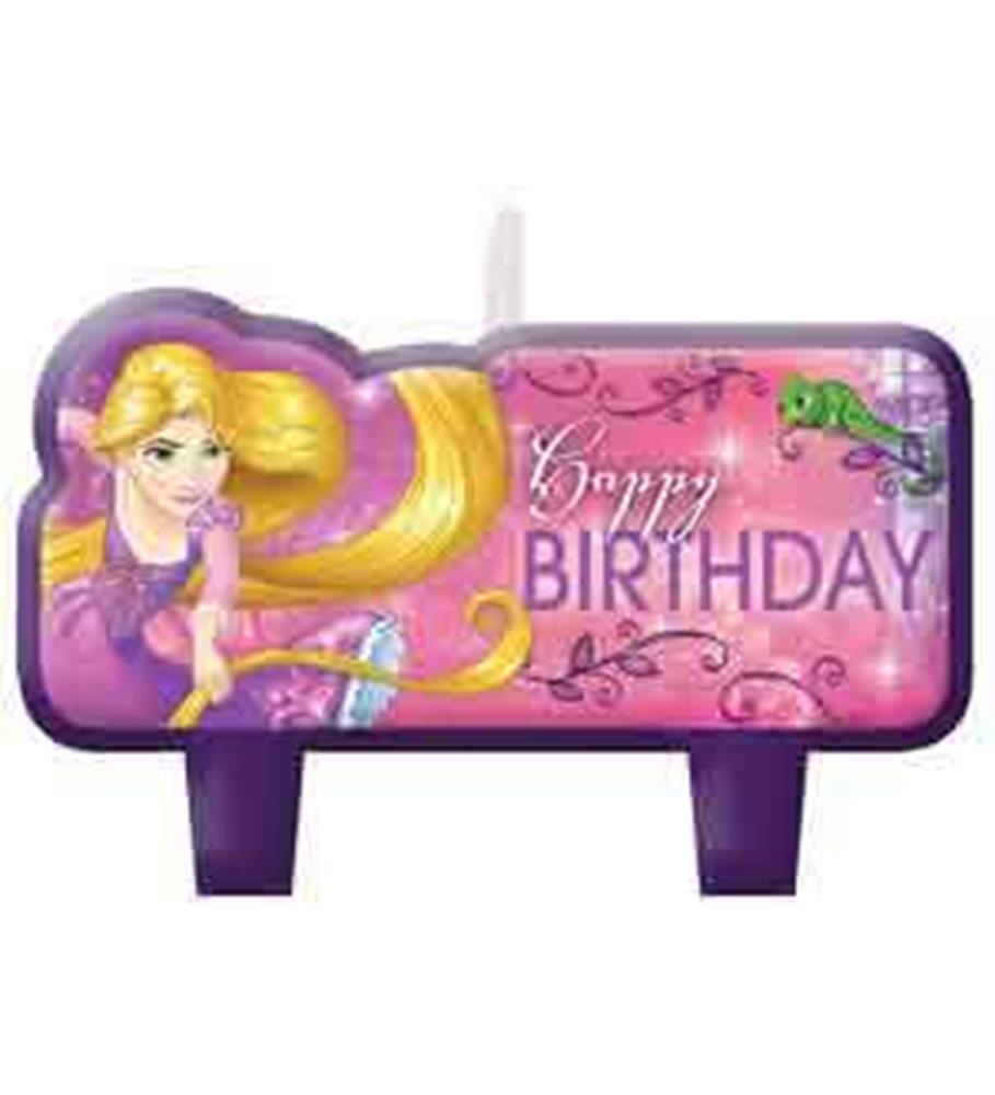 Purple Disney Rapunzel birthday candle with "Happy Birthday" text and floral accents.