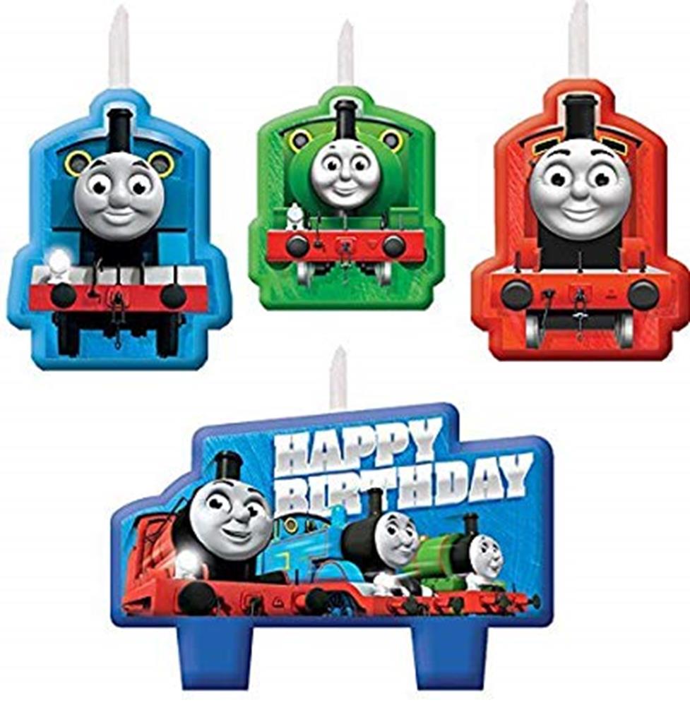 Set of four Thomas-themed birthday candles featuring Thomas, Percy, James, and a Happy Birthday design with trains.