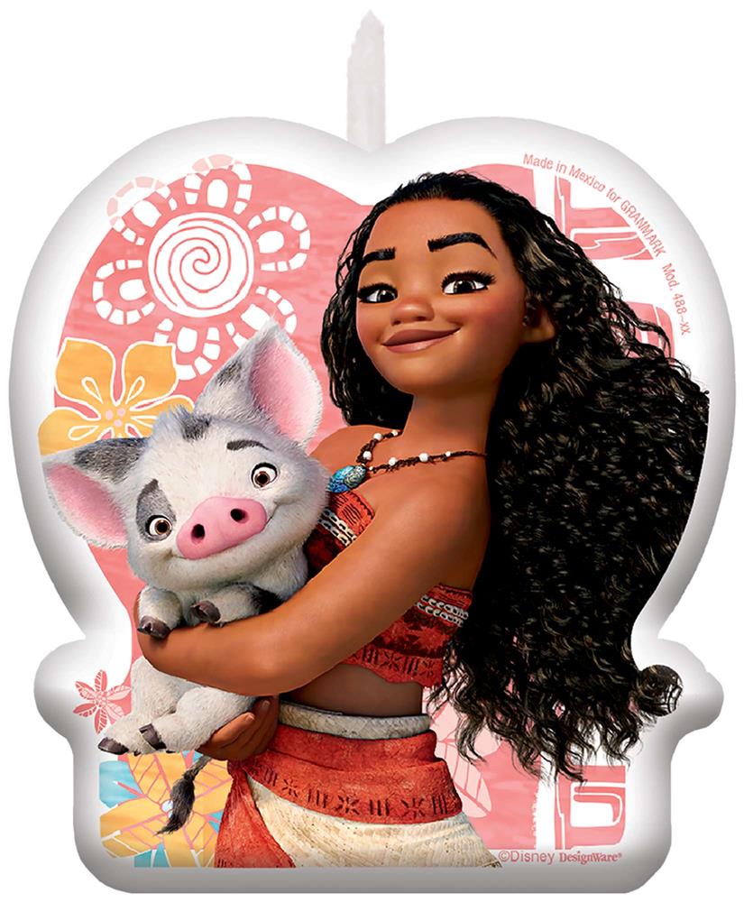 Disney Moana shaped birthday candle featuring Moana holding Pua the pig with tropical floral background.