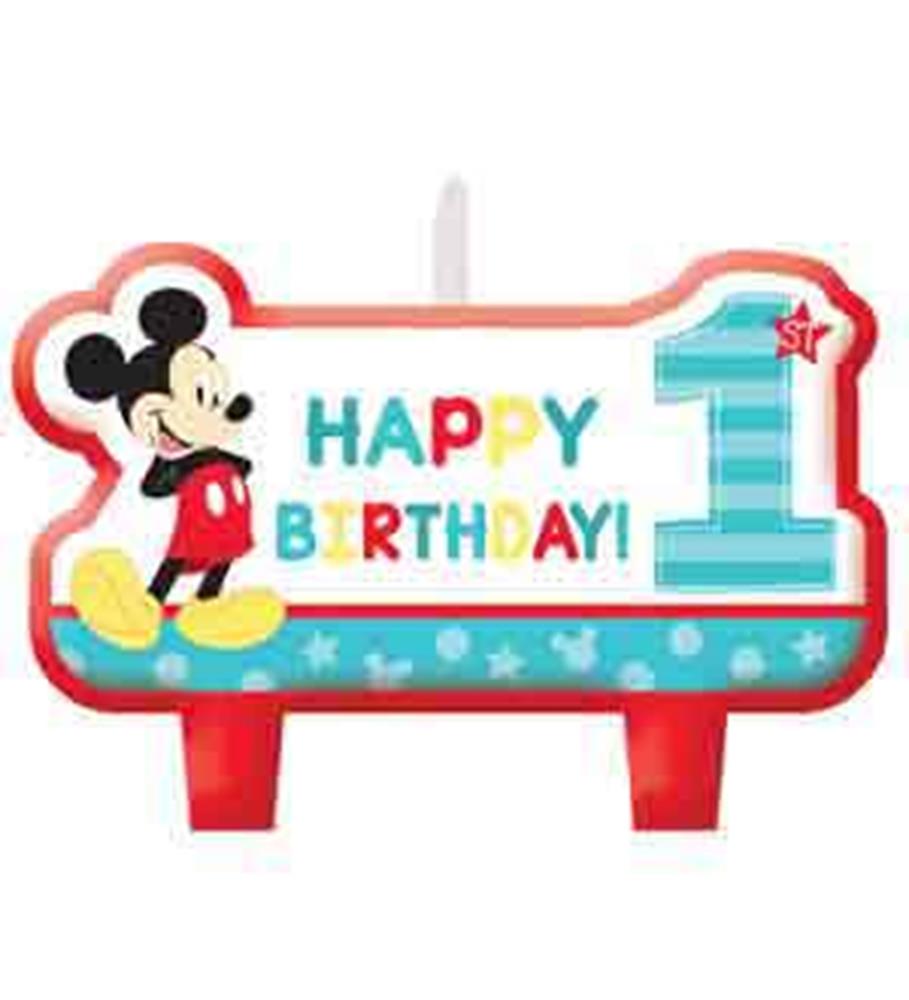 Colorful birthday candle shaped like number one with Mickey Mouse and "Happy Birthday!" text.