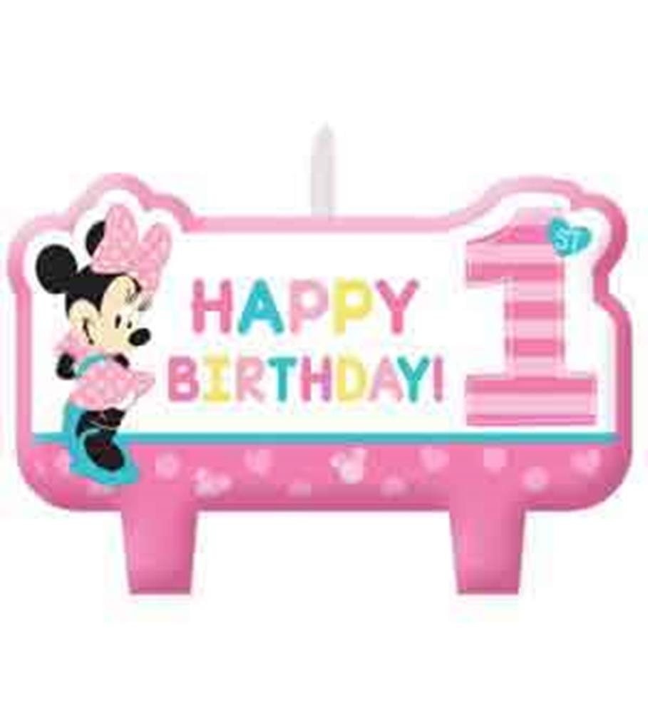 Pink birthday candle with Minnie Mouse, "Happy Birthday!" text, and number 1 design.