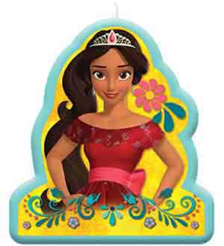 Elena of Avalor candle with character in red dress and tiara on yellow floral background.