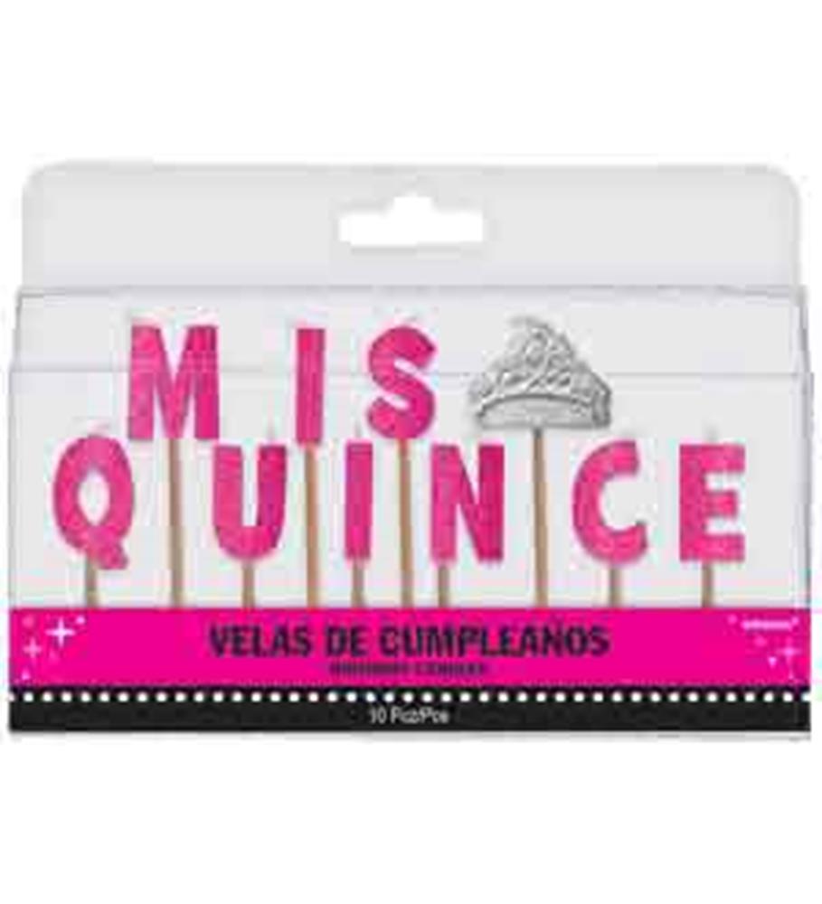 Pink letter candles spelling "MIS QUINCE" with a silver tiara candle in clear packaging.