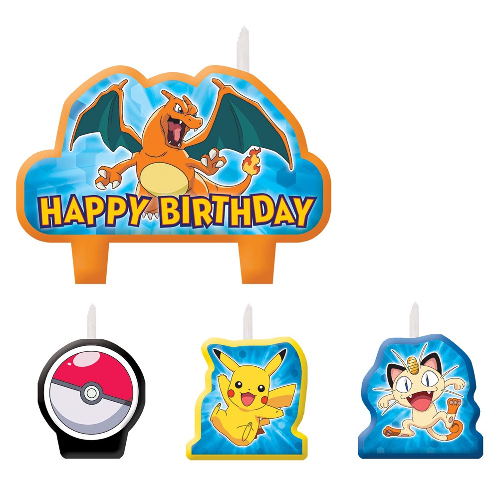 Happy Birthday candle with Charizard, Poké Ball candle, Pikachu candle, and Meowth candle set.