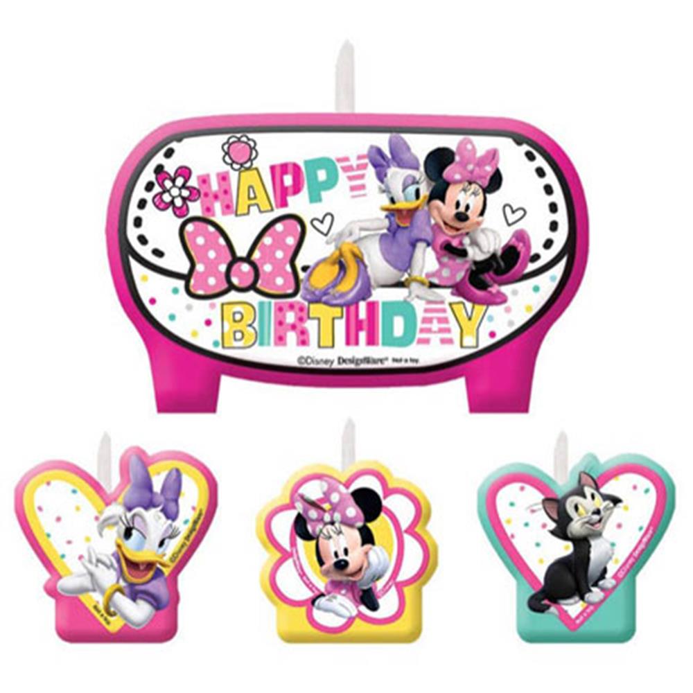 Set of four Disney birthday candles featuring Minnie Mouse, Daisy Duck, and Figaro in bright pink, yellow, and teal bases.