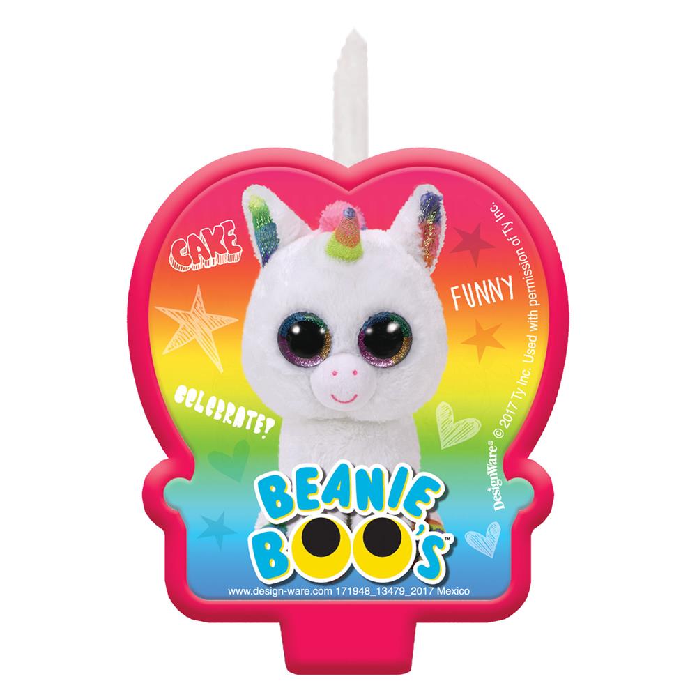 Rainbow-colored Beanie Boos birthday candle featuring a white unicorn with large glittery eyes and a gold horn.