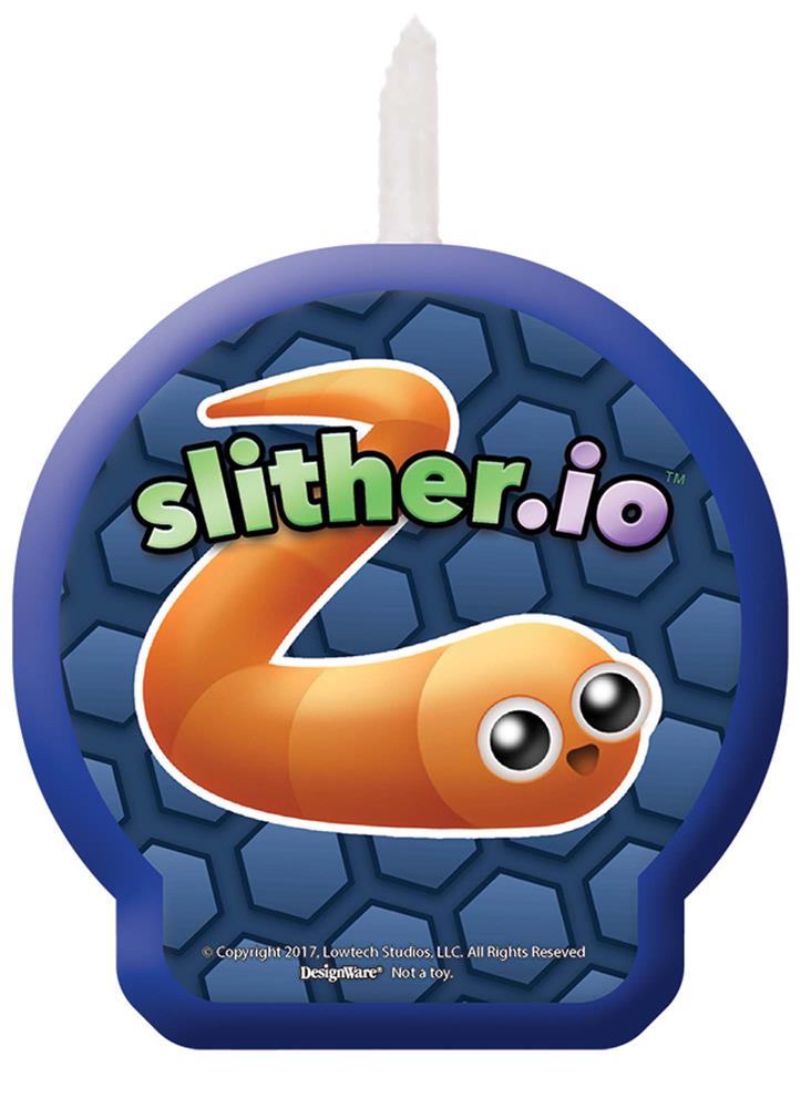 Slither.io birthday candle with orange snake character and blue hexagon background.